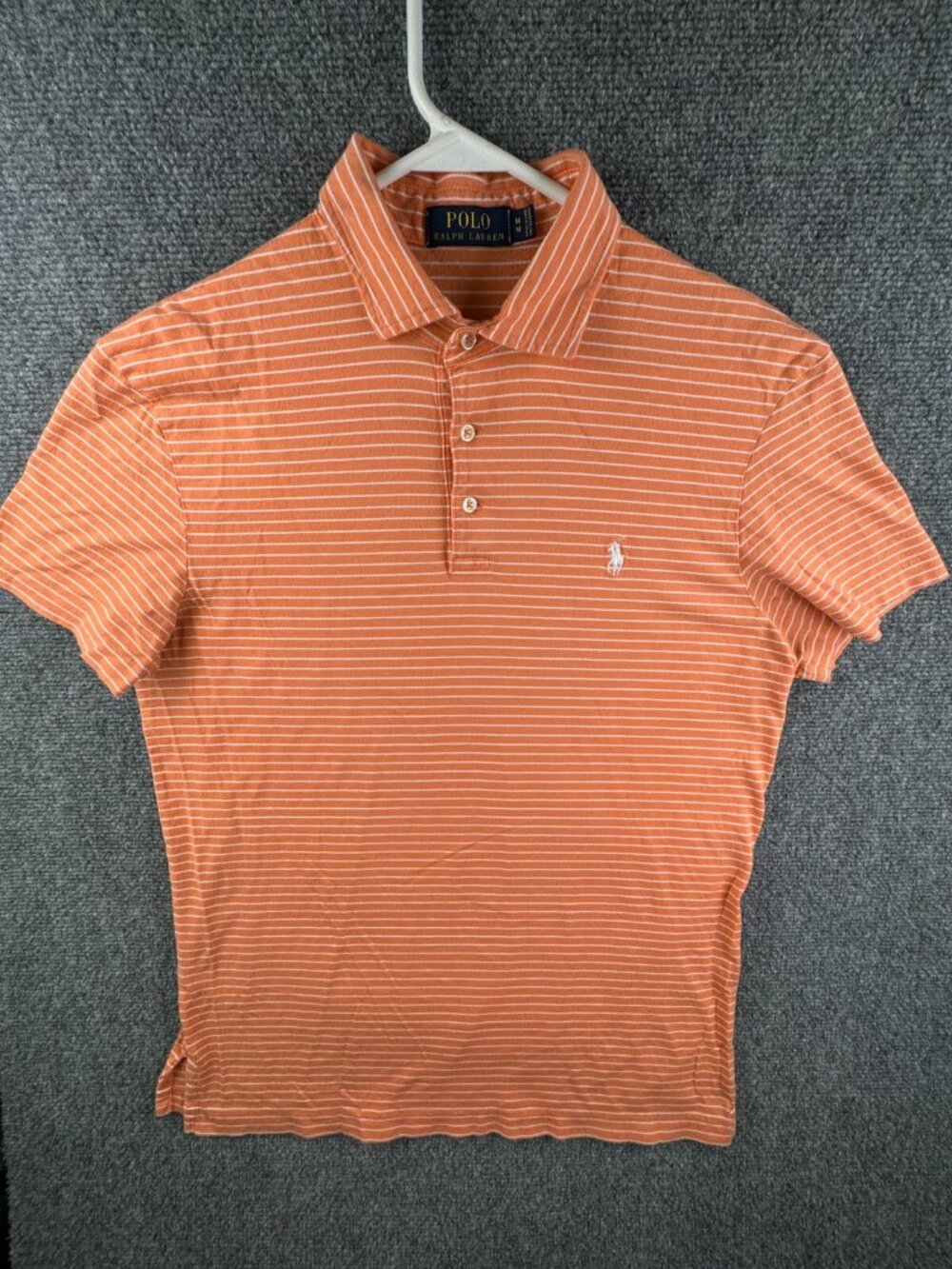 Polo Ralph Lauren Men Short Sleeve Polo Shirt Striped Orange Cream White Medium